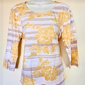 ☀️ Chicos Yellow & White Striped & Floral 100% Cotton 3/4 Sleeves Top 2, L